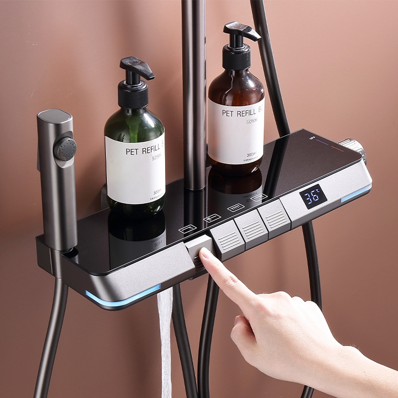 L E D Digital Display Piano Button Shower Set Home Bath Shower Gun Gray White Four-function Constant Temperature Shower