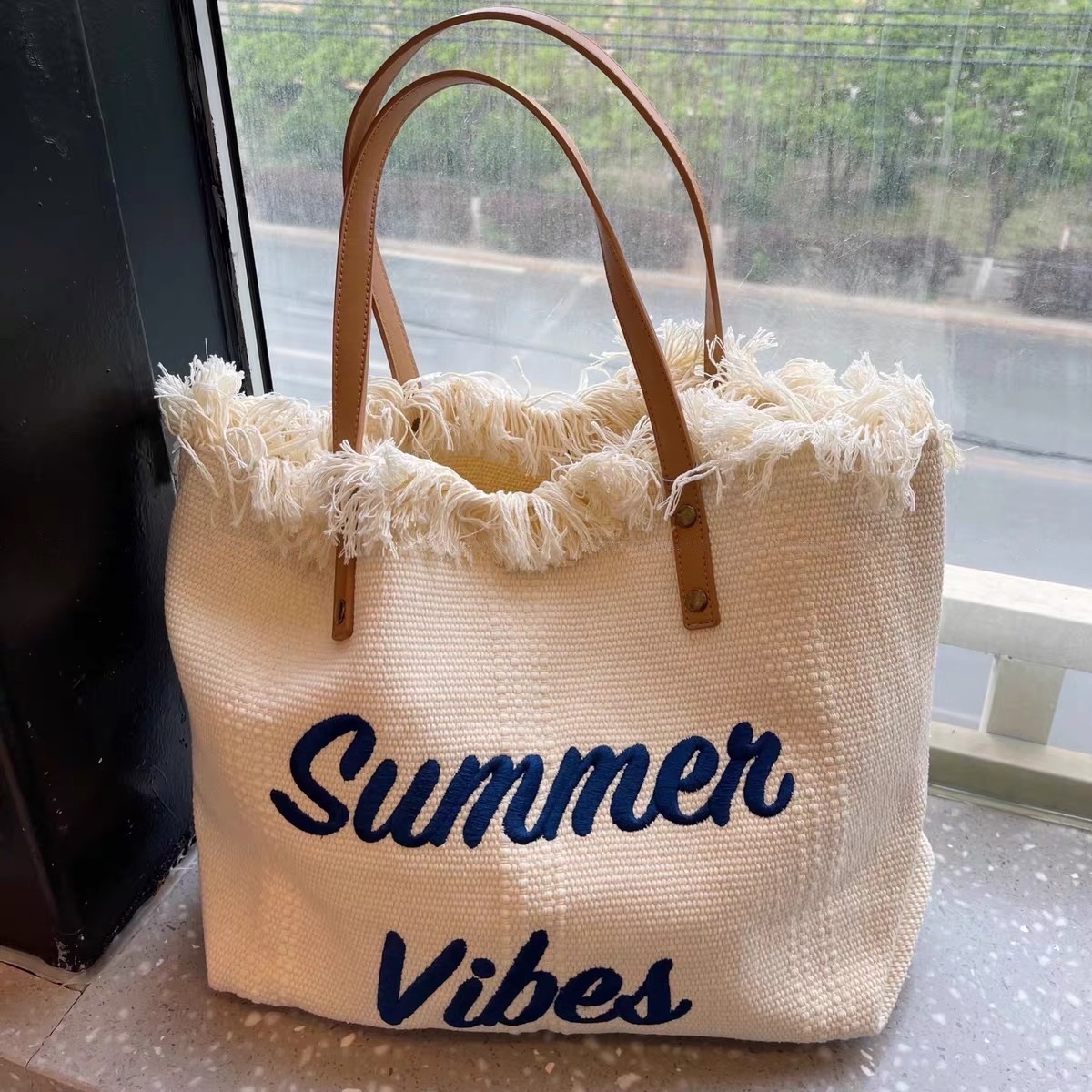 Large Capacity Bag Canvas Bag Embroidered Letters Tote Bag Handbag Women's Bag Woven Beach Bag Shoulder Bag Bags