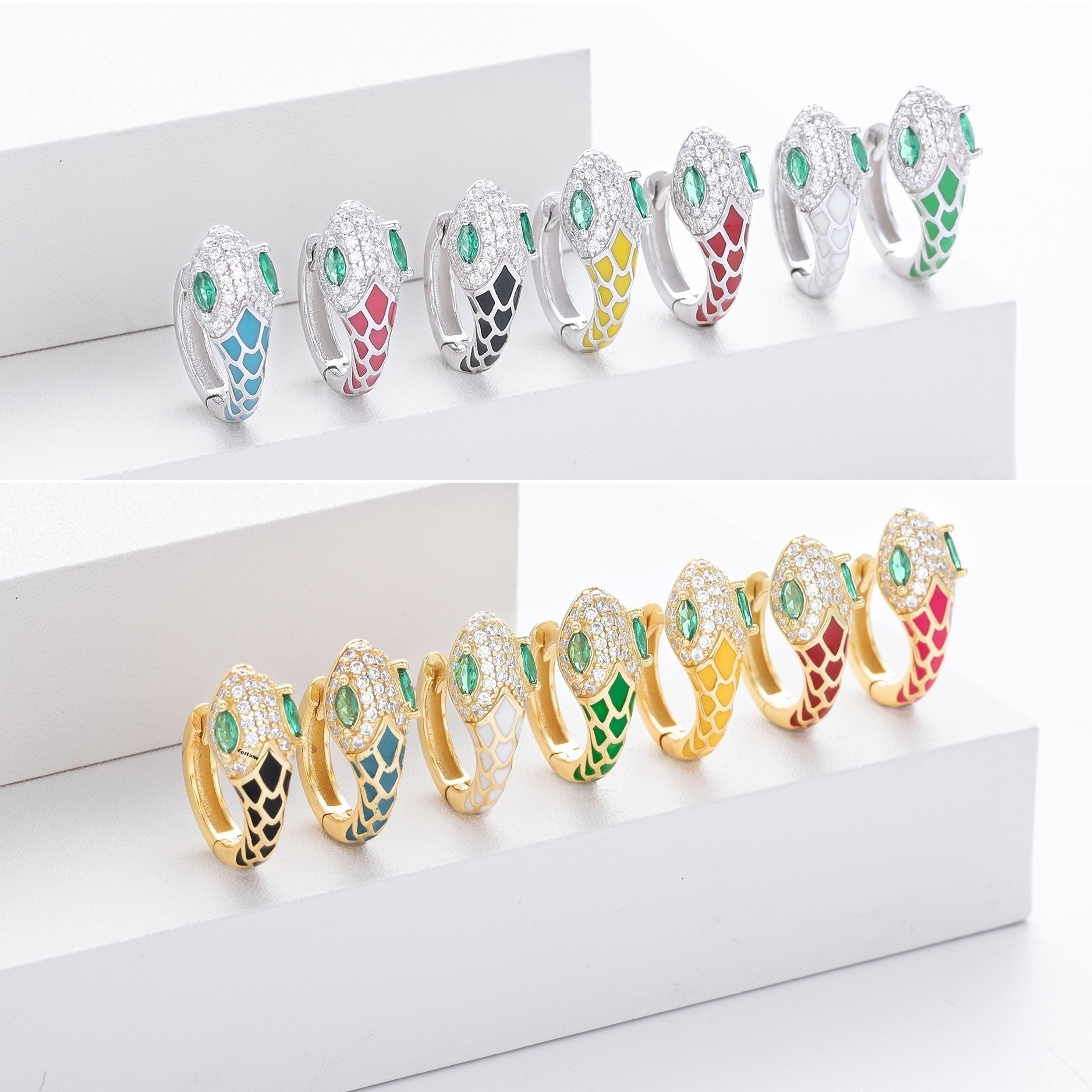 S925纯银蛇形耳扣流行多巴胺系西米亚风彩色滴油耳环