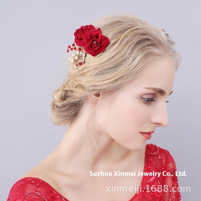 O929 Simulation Flannel Rose Red Bridal Headdress Xiuhe Clothing Accessories Head Flower Chinese Style Comb Hair Accessories