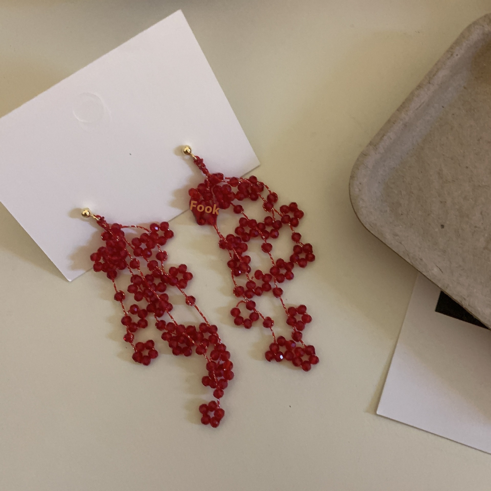 Red Retro Beaded Tassel Earrings Women Exaggerated Light Luxury Crystal Elegant Design Wedding Earrings