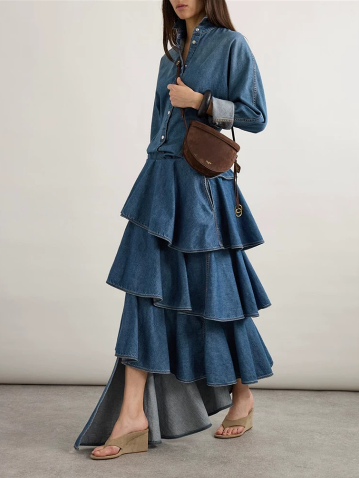 Denim Two-piece Set: Raglan Sleeve Loose-fitting Shirt With Asymmetrical Ruffled Fishtail Skirt