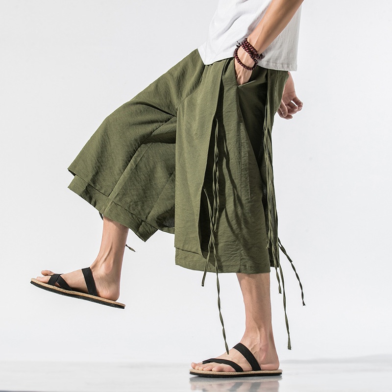 Summer Chinese Style Men's Casual Japanese Style Large Size Loose Wide Leg Fake Two-piece Seven-point Cotton And Linen Straight Pants