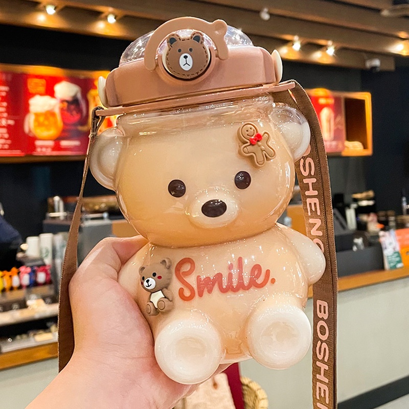 Cute Bear Water Bottle-Portable Summer Straw Cup For Kids,Dual-Use Plastic Bottle,Perfect For Children's Daily Hydration.