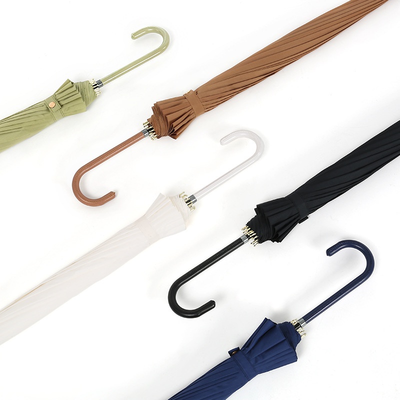Japanese Style Small Fresh16 KStraight Pole Umbrella Long Handle Umbrella Simple Solid Color Creative Leather Handle Umbrella Retro Men And Women Umbrella
