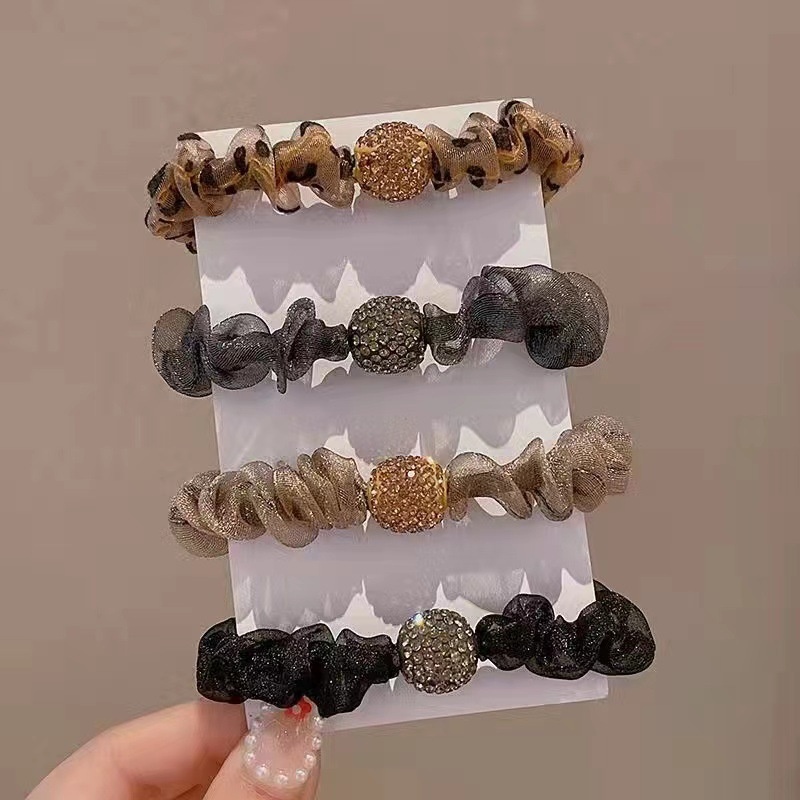 Four Diamond-filled Round Bead Hair Ties For Women With Ponytails,Mori-style,Internet Celebrity,Simple Temperament,Mesh Hair Ties,Rubber Bands,Hair Rings