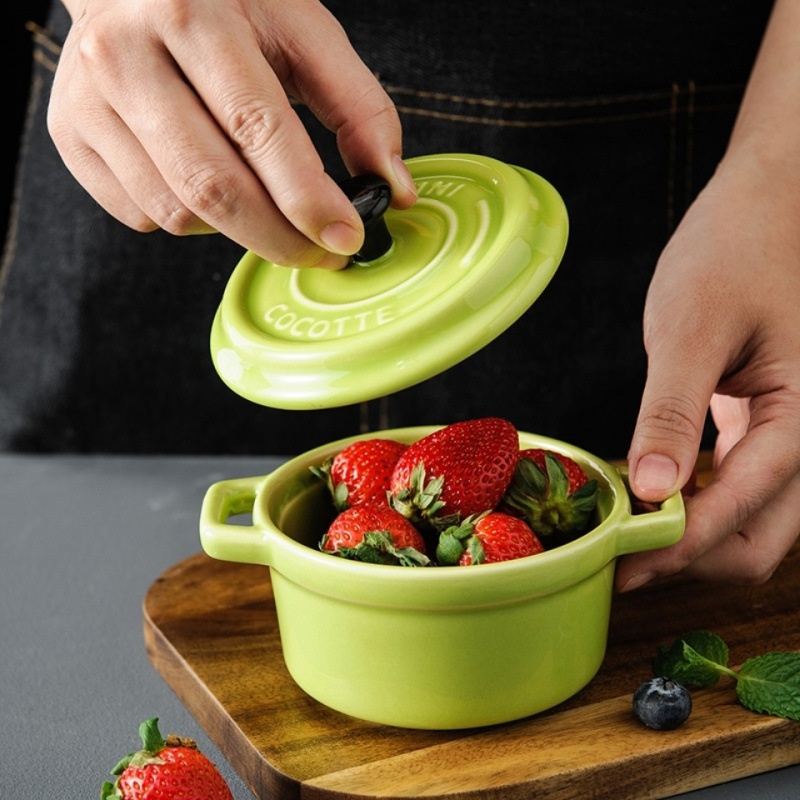 Ceramic Bowl With Cute Double Handles And Lid For Spicy Oil, Small Soup Cup, Steamed Egg Custard Bowl, Water-Separating Stew Cup, Dessert Baking Oven