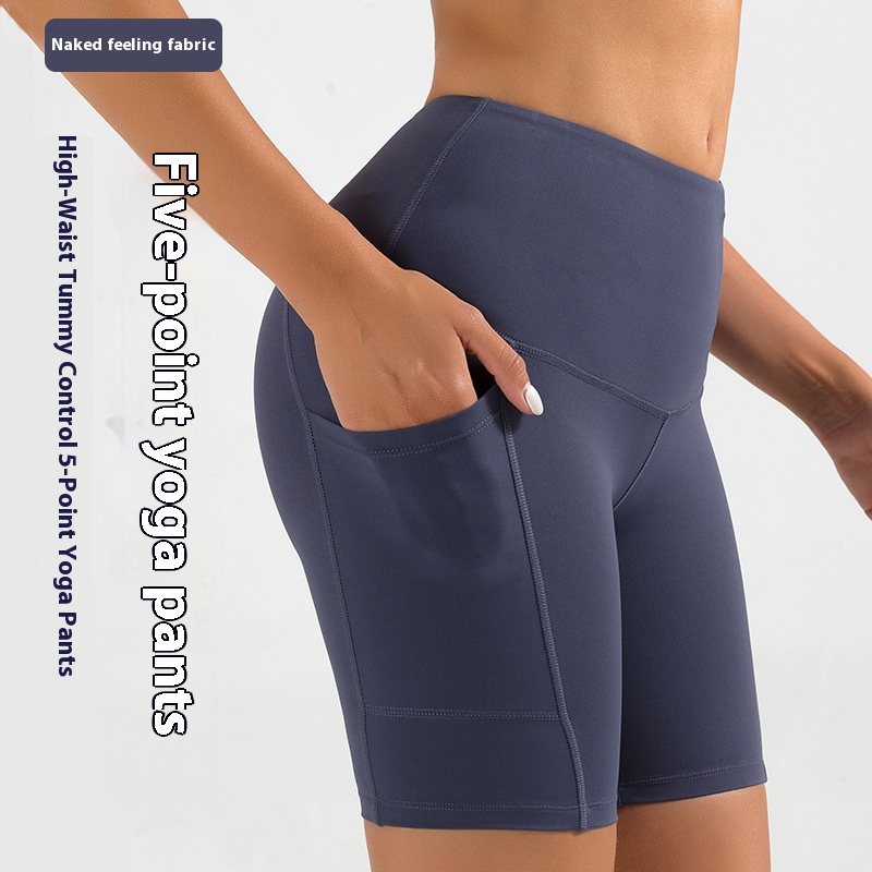Lulu's Yoga Five-Point Pants For Women, High-Waisted Butt-Lifting Tight Cycling Pants, Quick-Drying Flap Pocket Pants Fitness Sports Shorts
