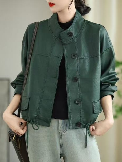 Spring Leather Jacket Women's Loose Casual Korean Style Preppy Style Long-Sleeved Jacket Top Fashion