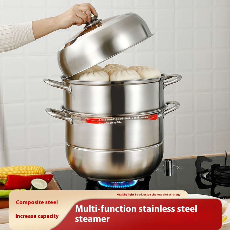 Stainless Steel Steamer Double Layer Three Layer Extra Thick Steamer Multi-layer Composite Steel Steamer Food Grade Household Gift Pot