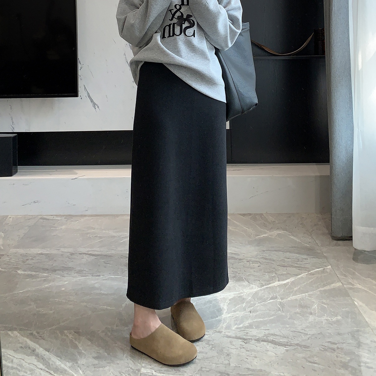 羊毛裙直筒顯瘦高腰開叉中長款半身裙