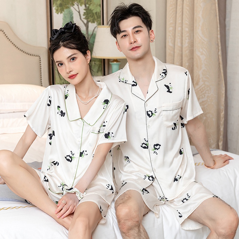 Internet Celebrity Panda Ice Silk Pajamas Women's Summer Doll Collar Large Lapel Short-sleeved Shorts Thin Home Clothes Men's Suit