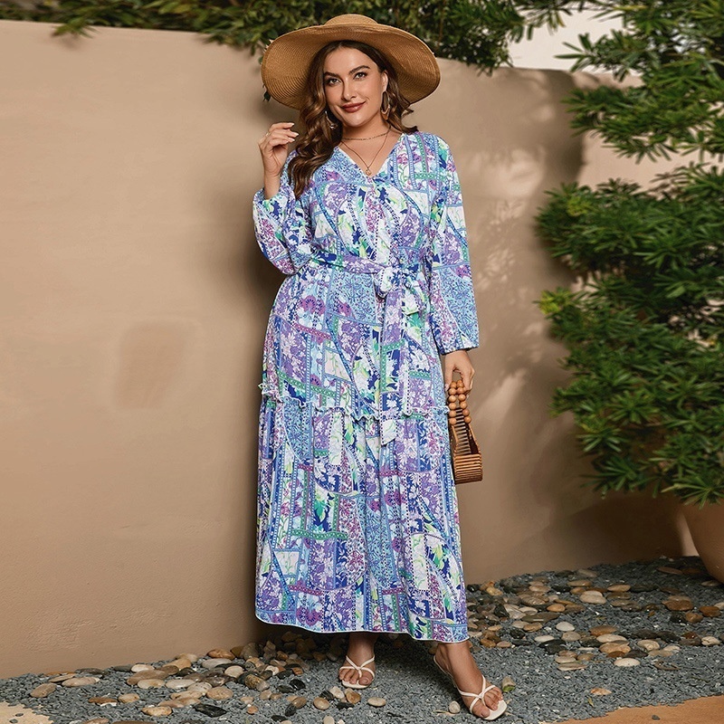 USASpring And Autumn Large Size Dress Chiffon Print Long Sleeve V-neck Loose Long Dress