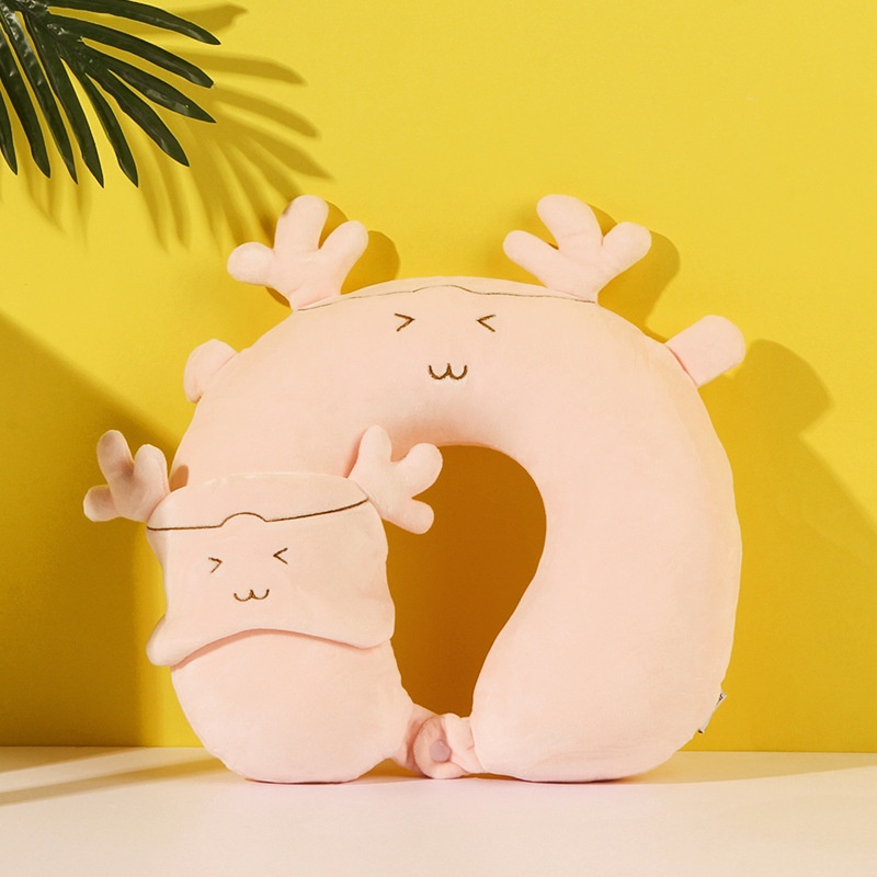 Cartoon U-shaped Pillow Cute Pillow With Deer Shape And Eye Mask Set Removable And Washable