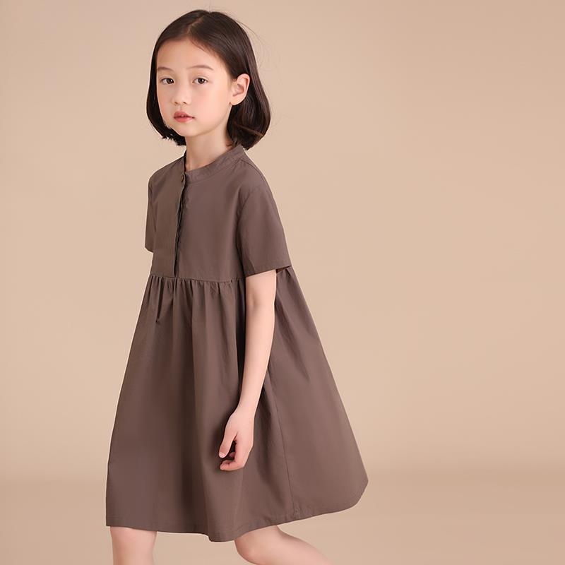 Children's Clothing Summer Dress Girl's Cotton Pleated Japanese Style Buttoned Pleated Solid Color Short-sleeved T-shirt Dress