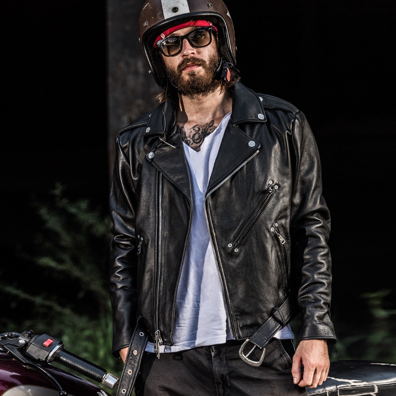 Leather Men's Harley Biker Jacket Short Slim Fit