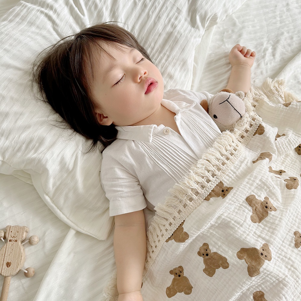 Baby Pure Cotton Blanket Bear Tassel Double Cotton Yarn Blanket Summer Air Conditioning Blanket Kindergarten Lunch Break Blanket