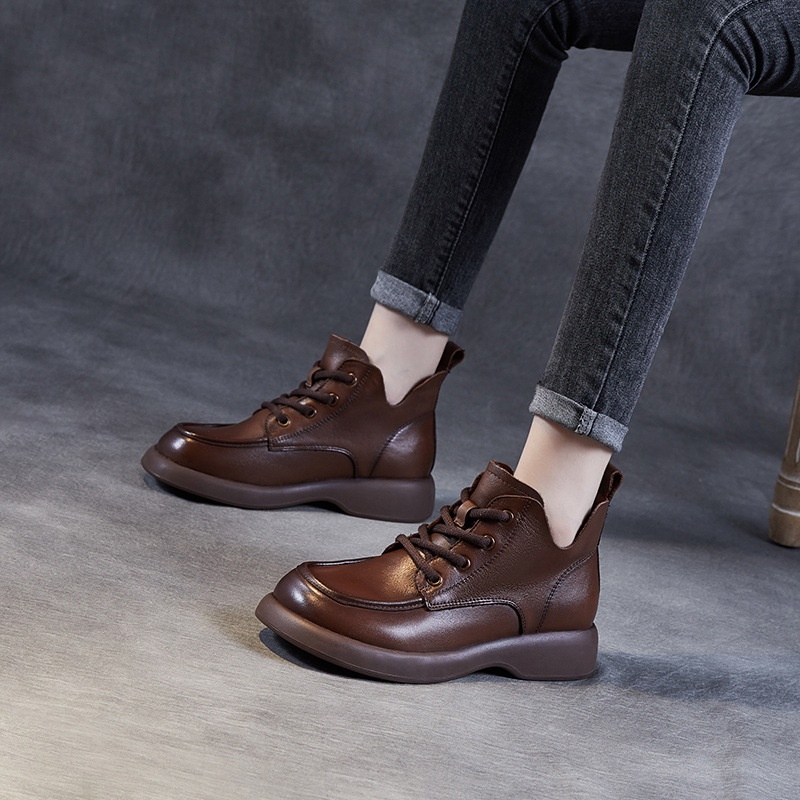 First-layer Cowhide Martin Boots For Women Autumn Low-top Retro Boots Handmade V-mouth Lace-up Short Boots - 1