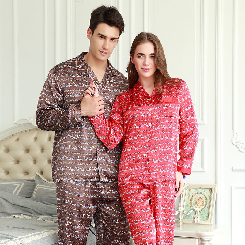 Spring And Autumn Silk Pajamas Couples Long Sleeve Trousers Thin Home Wear
