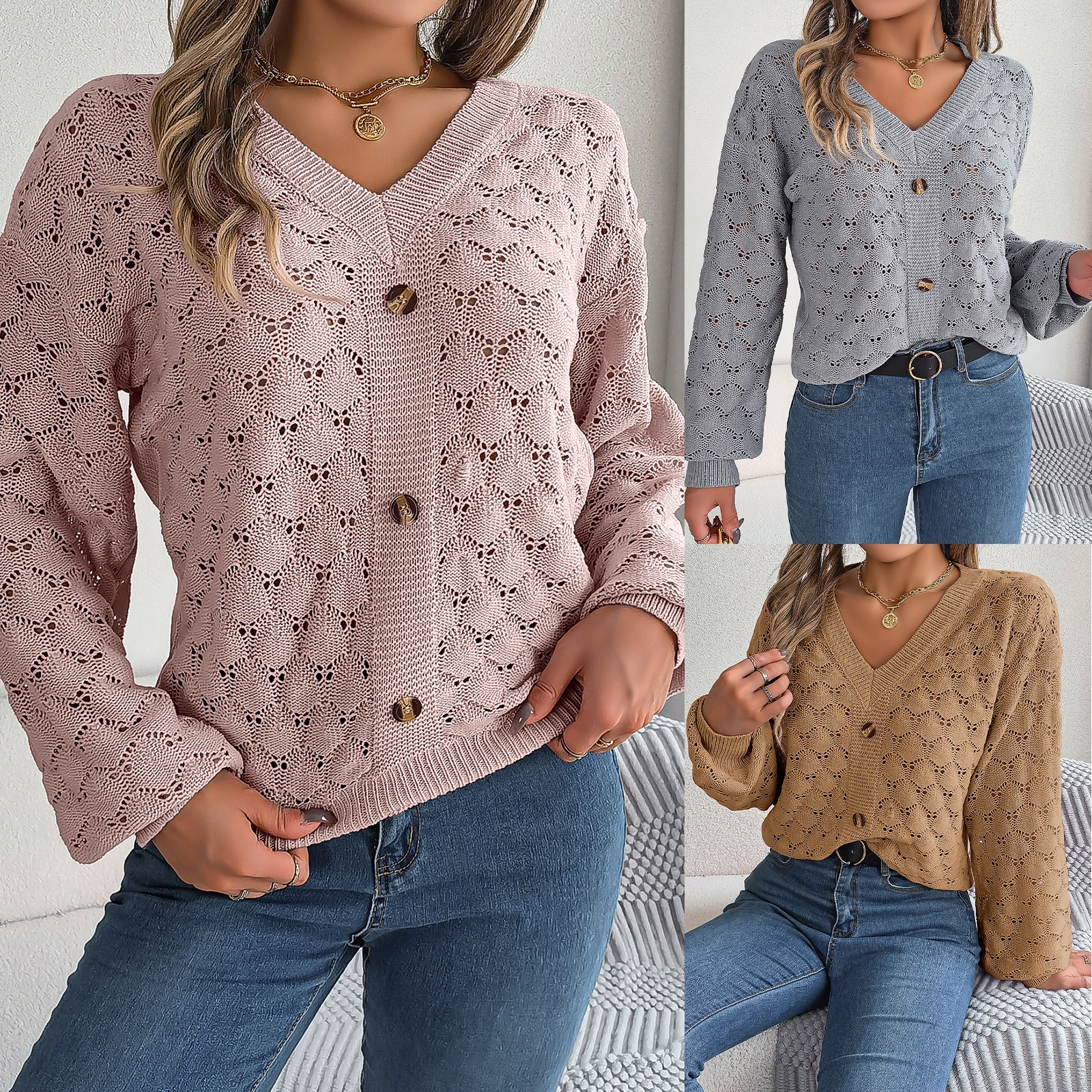 Real Shot Autumn And Winter Casual V-neck Button Hollow Lantern Sleeve Pullover Sweater Independent Station European And American Women's Clothing - 1