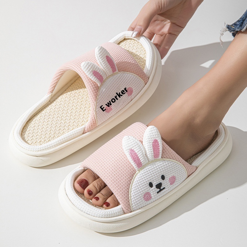 Home Soft Bottom Linen Slippers Non-slip Cute Cartoon Bunny Open Slippers
