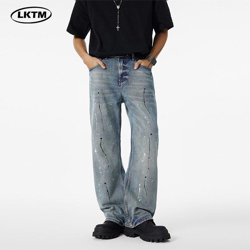 LKTMMen's Clothing#American Design Ink-Splashed Jeans Men's Fashion Brand Loose Drape All-match Flared Trousers