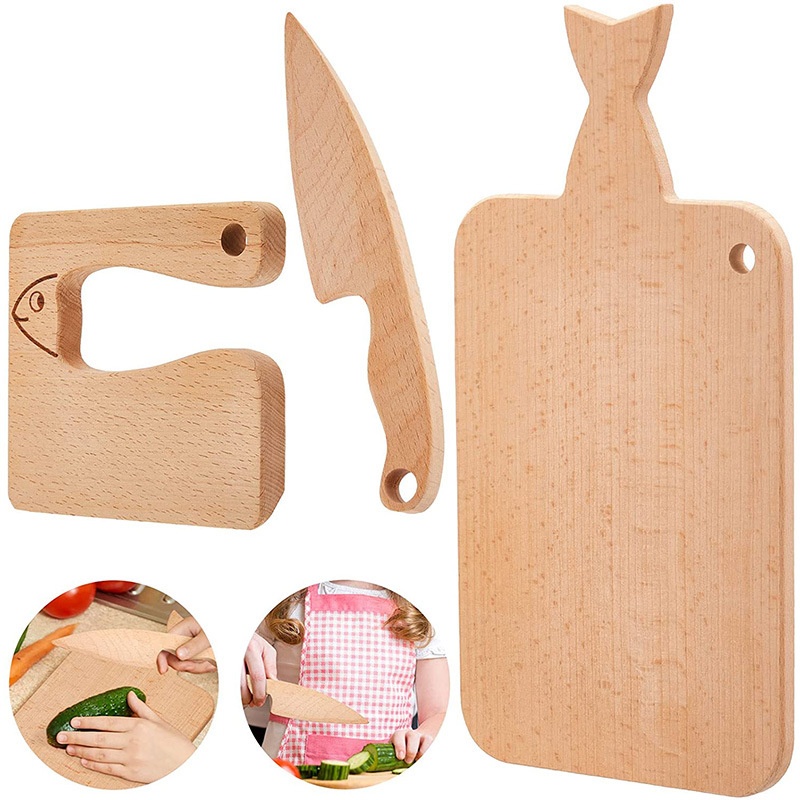 Montessori Wooden Knife Children's Mini Fruit And Vegetable Cutting Fun Happegumnut Kitchen Cutting Board Set