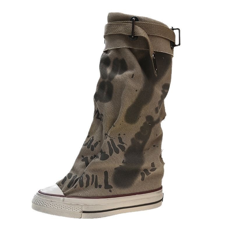 Wasteland Style Niche Graffiti Canvas Booties For Women Sneakers Y Street Mid-Calf Slouch Boots