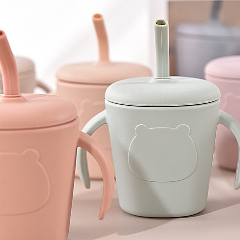 Children's Water Cup Baby Learning Drinking Cup Silicone Double-ear Water Cup With Dust Cover Baby Drinking Straw Cup Silicone Water Cup