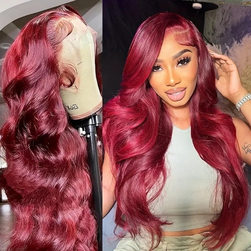 Foreign Trade European And American Fashion Wine Red Wig Hot Front Lace 13*4 Large Wave Long Curly Hair Full Head Cover
