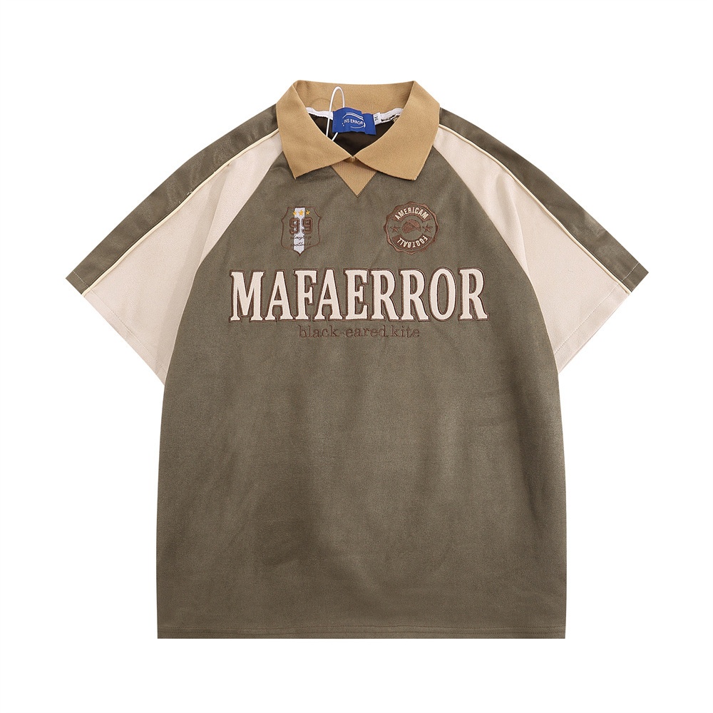 Polo Shirt Men's Splicing Short-sleeved T-shirt American Street Loose Patch Embroidery Letter Lapel Short-sleeved T-shirt