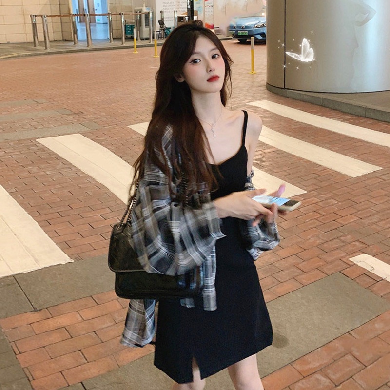 Summer Korean Lazy Style Loose Plaid Sun Protection Tops Mid-Length Long Sleeve Shirt Jacket Women