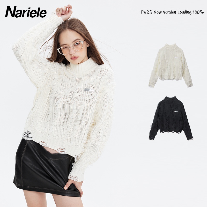 Hey Henry American High Street Design Sweater Women's Loose High Collar Ripped Retro Lazy Style Solid Color Sweater