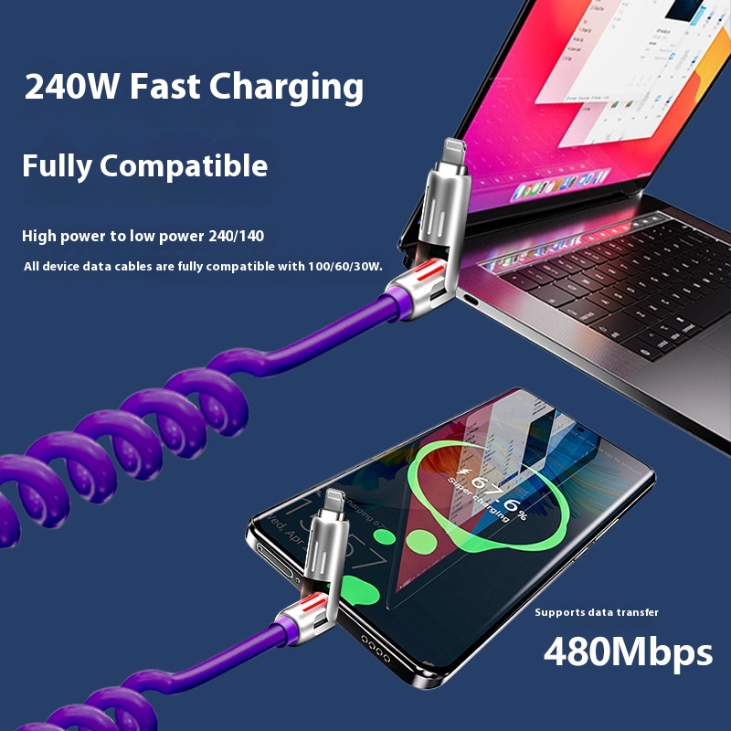 Car Data Cable Four-In-One 240W Suitable For Apple Huawei Mobile Phone Spring Fast Charging Retractable Charging Cable