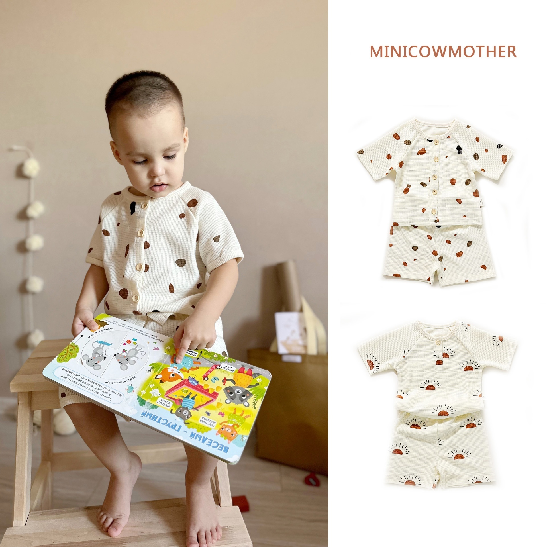 Summer Children's Home Clothes Waffle Girls Pajamas Nordic Style Children's Clothing Short-sleeved Baby Home Clothes Foreign Trade