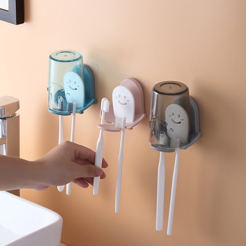 Cartoon Smiley Toothbrush Holder Toothbrush Cup Storage Rack Punch-free Toothbrush Mouthwash Cup Wall-mounted Toothbrush Storage Set