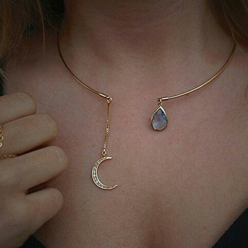 European And American Foreign Trade Fashion Jewelry Simple And Generous Diamond Moon Water Drop Ladies Short Necklace Collar