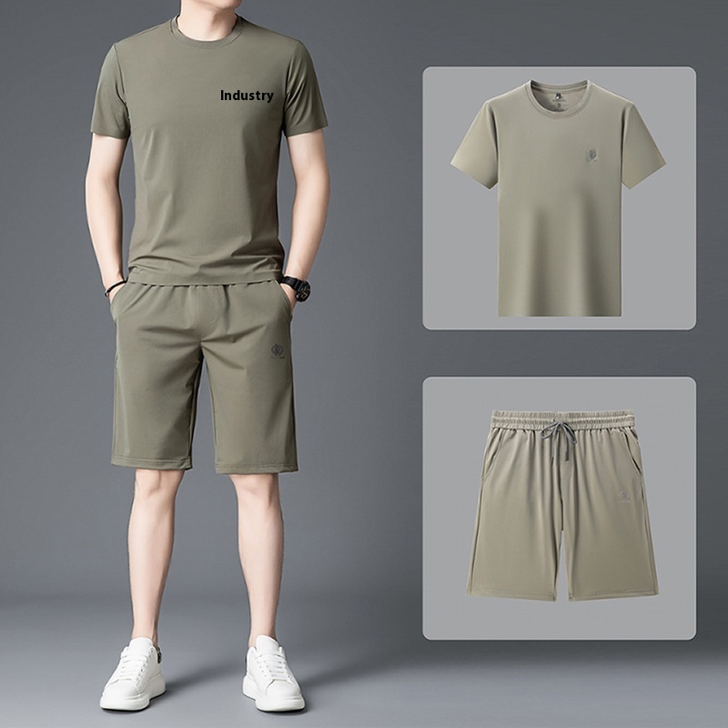 Summer Casual Sports Suit Men's Ice Silk Round Neck Middle-aged Dad Wear Thin Quick-drying T-shirt Two-piece Suit