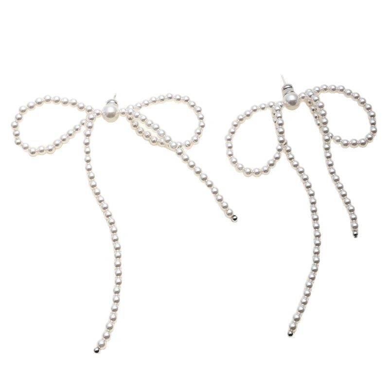 Niche Design Pearl Bow Long Tassel Earrings Women's Temperament All-match High-end Silver Pin Earrings Ear Jewelry
