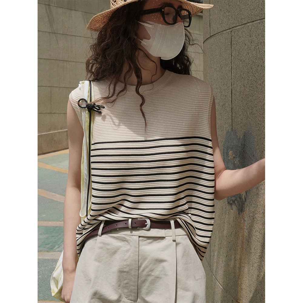 Summer Korean Retro Striped Tencel Sleeveless Sweater Loose Slim Breathable Casual Vest For Women