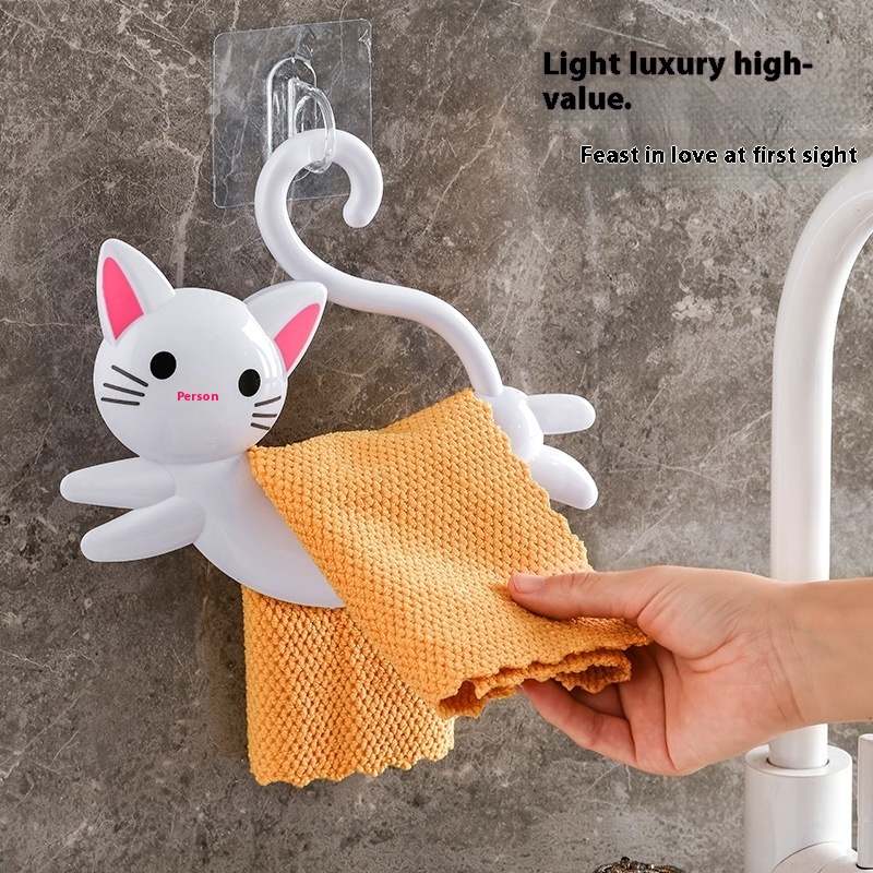 Free Punching Kitchen Cute Cartoon Towel Hanging Cat Japanese Style Bathroom Towel Rod Seamless Glue Bathroom Towel Rack