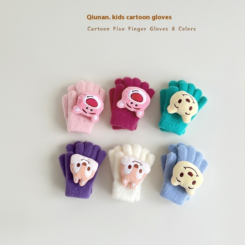 Autumn South Korean Children's Gloves Winter Cartoon Warm Finger Knitted Student Gloves