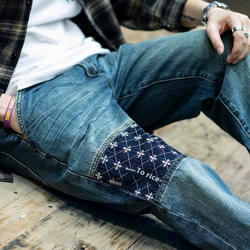 Autumn Cotton Jeans Men's Loosey Brand Retro Large Size Patch Pants Men'sy Embroidered Trousers
