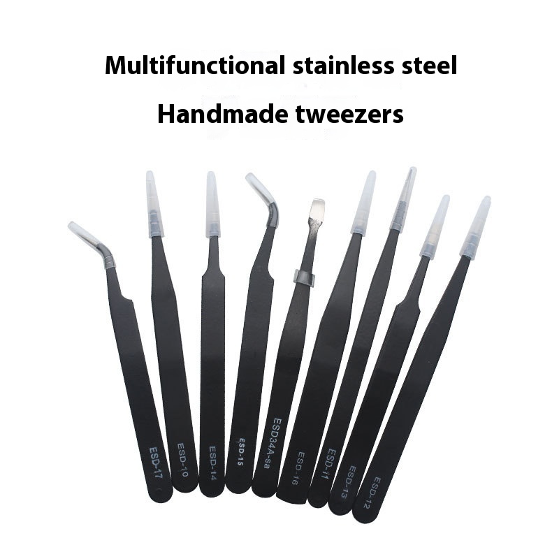 Canvas Bag9-piece Tweezers Stainless Steel Pointed Elbow Flat Head Clips Electronic Repair Household Tool Set