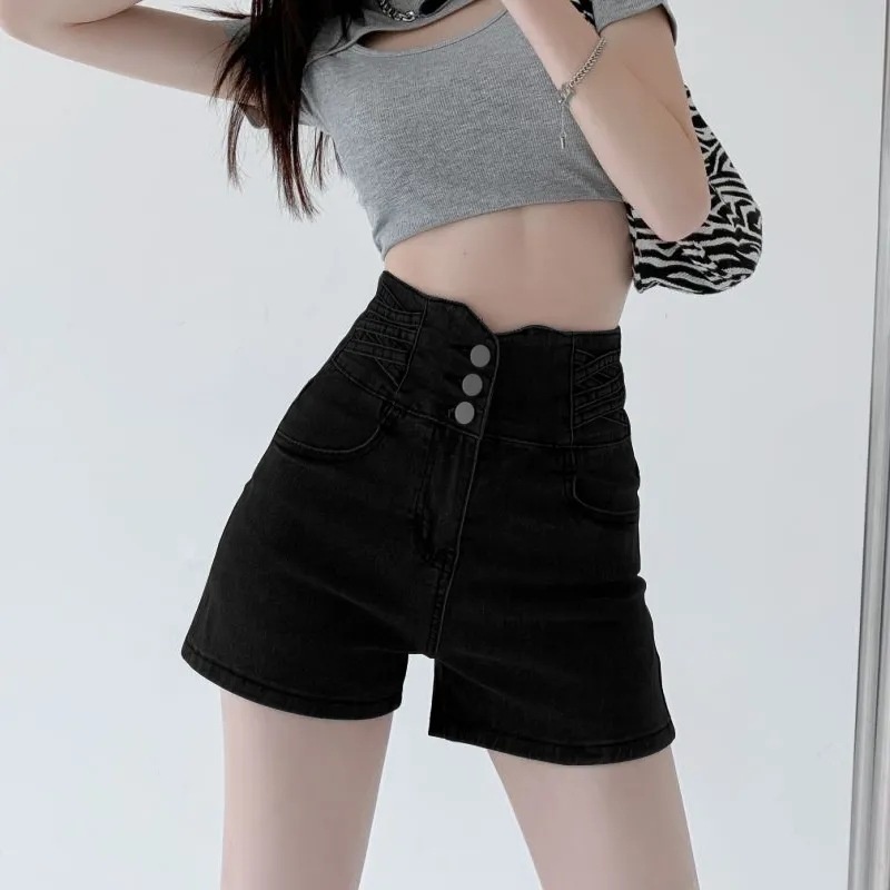 Hong Kong Style High Waist Denim Shorts Women Summer Design A-line Ultra-short Thin Hot Girl Denim Hot Pants