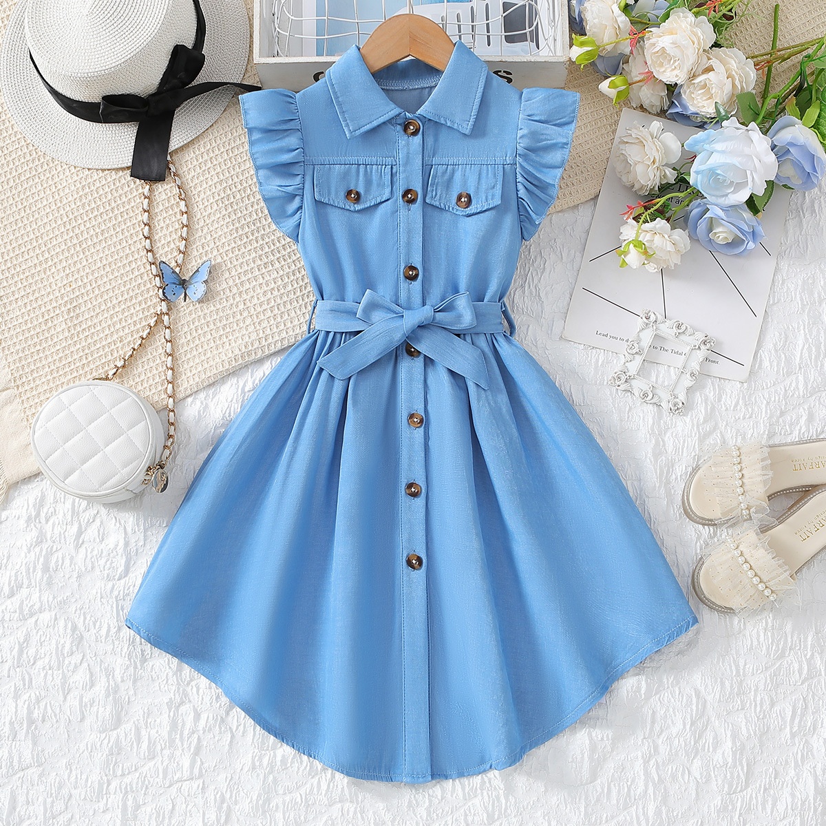 Foreign Trade Girls' Dress, Faux Denim Blue, Flutter Sleeves, Single-Breasted, Bow Belt, Shirt Dress, Children's A-Line Dress