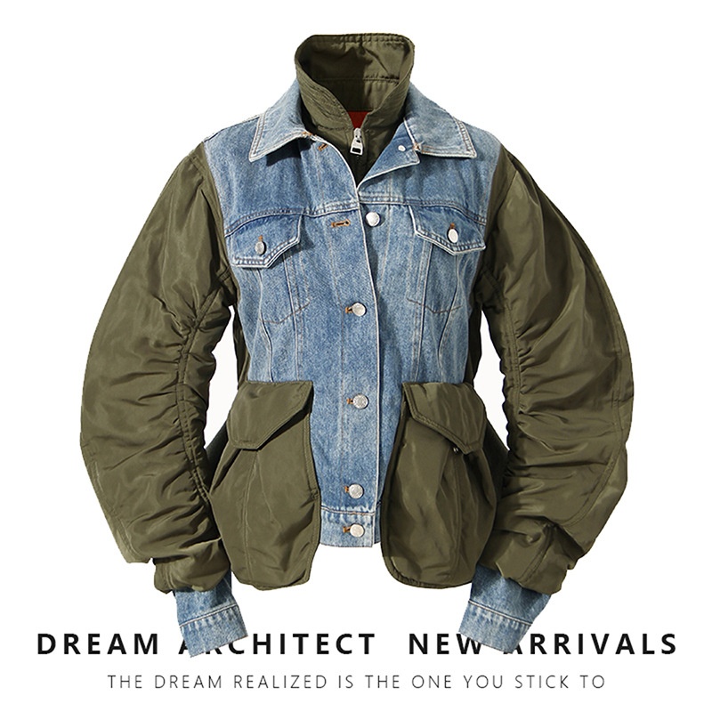 European Station Spring European Goods Design Loose Color Matching Denim Cotton Jacket Coat Women's Small
