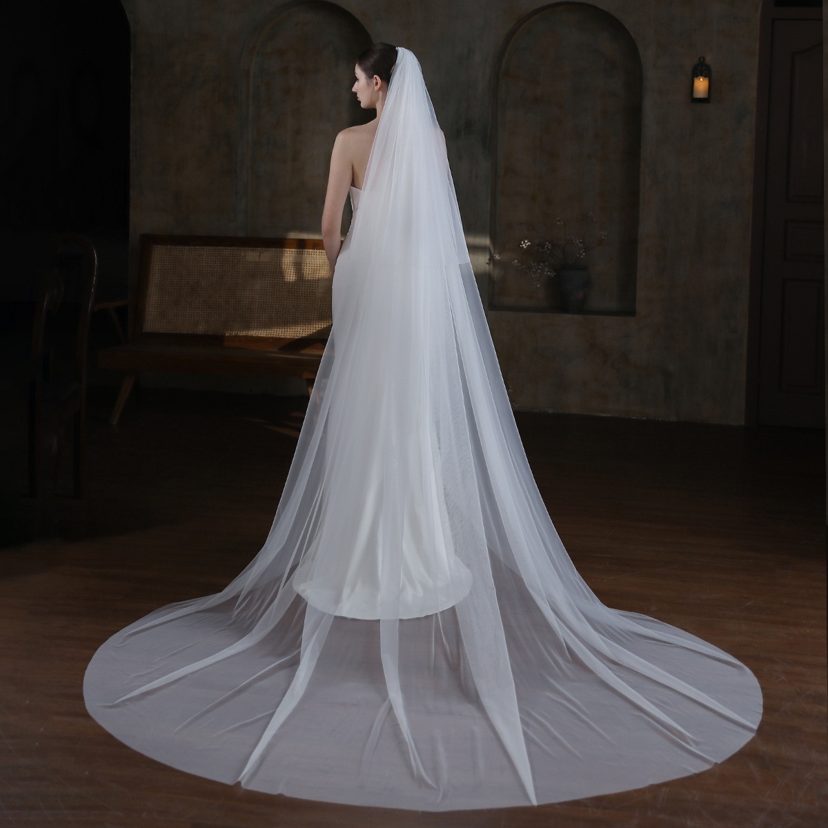 V872 Simple Long Bridal Veil Mori Retro Double-Layer White Large Trailing Church Wedding Travel Photography Headdress