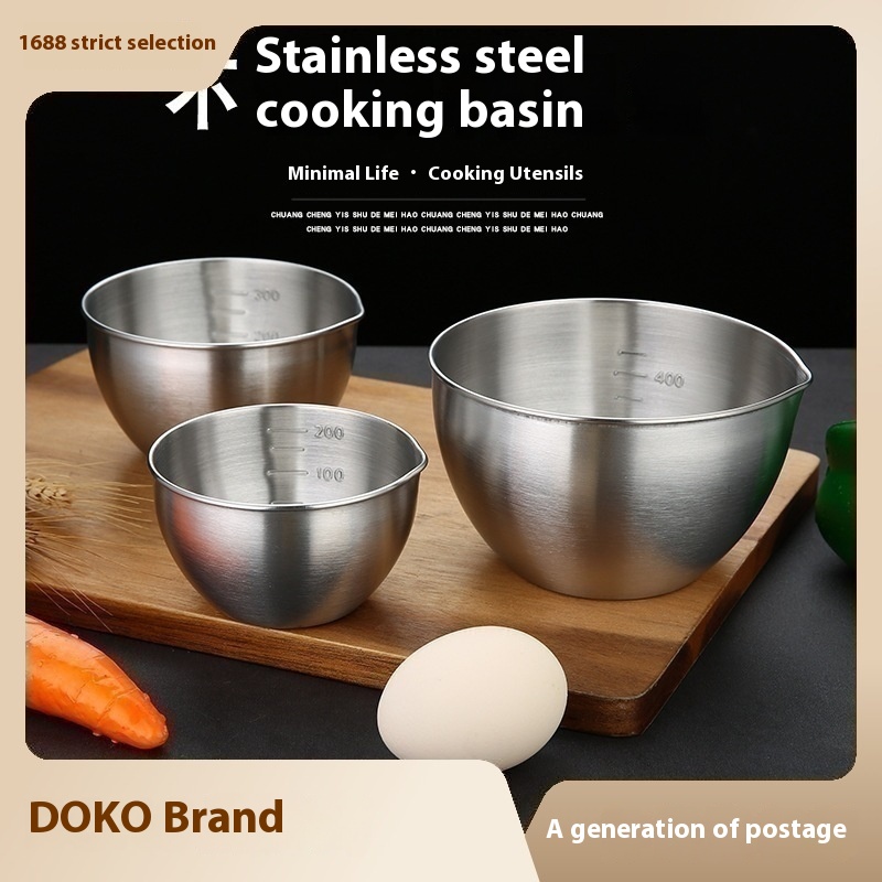 304 Stainless Steel Bowl With Scale, Vegetable Preparation Baking Bowl, Household Cooking Bowl, Fruit Salad Bowl, Single Egg-beating Bowl