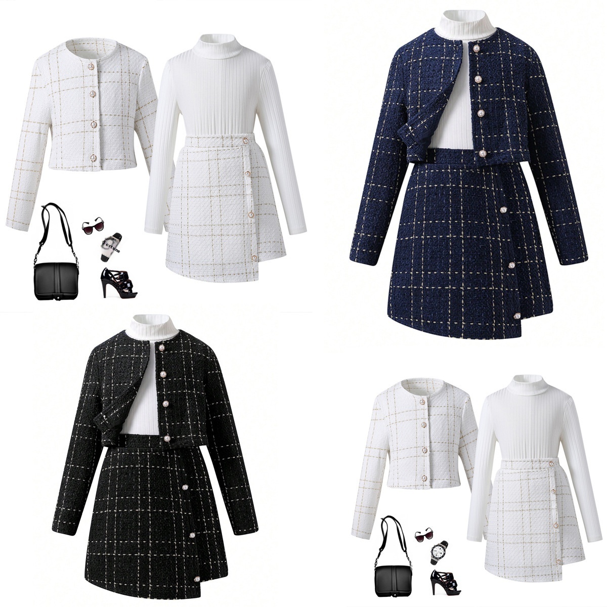 Girls' Suit Spring Chanel Style Plaid Irregular Skirt Girls' Three-piece European And American Children's Clothing